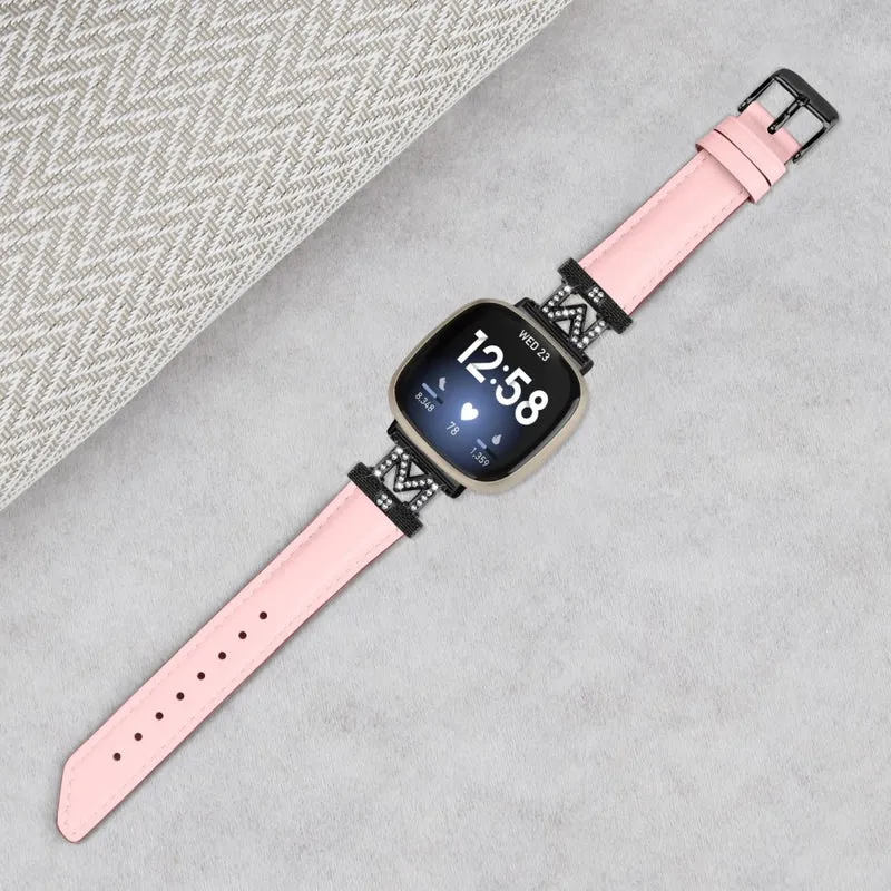 Watch Strap Fitbit Versa 3 / Versa 4 / Sense / Sense 2 M Shape Rhinestone Decor Genuine Cowhide Leather Band with Black Buckle - Apricot