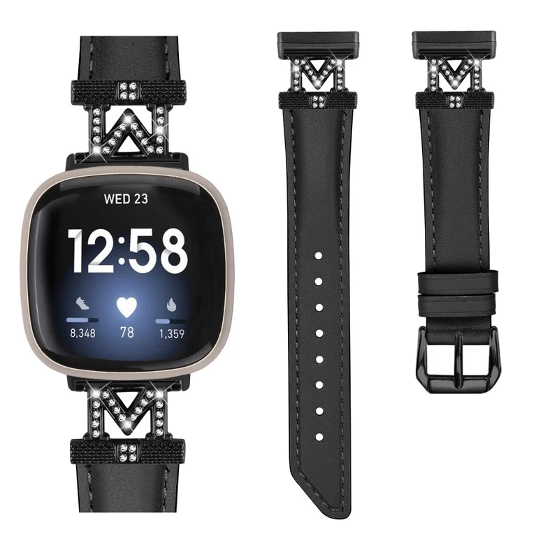 Watch Strap Fitbit Versa 3 / Versa 4 / Sense / Sense 2 M Shape Rhinestone Decor Genuine Cowhide Leather Band with Black Buckle - Apricot