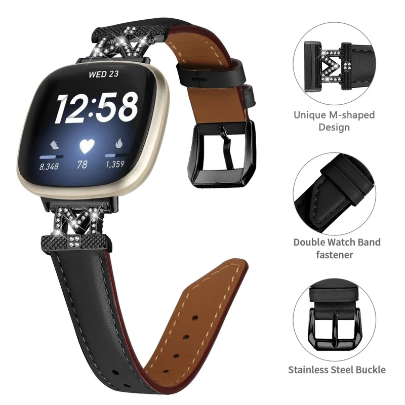 Watch Strap Fitbit Versa 3 / Versa 4 / Sense / Sense 2 M Shape Rhinestone Decor Genuine Cowhide Leather Band with Black Buckle - Apricot