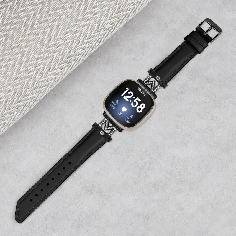 Watch Strap Fitbit Versa 3 / Versa 4 / Sense / Sense 2 M Shape Rhinestone Decor Genuine Cowhide Leather Band with Black Buckle - Apricot