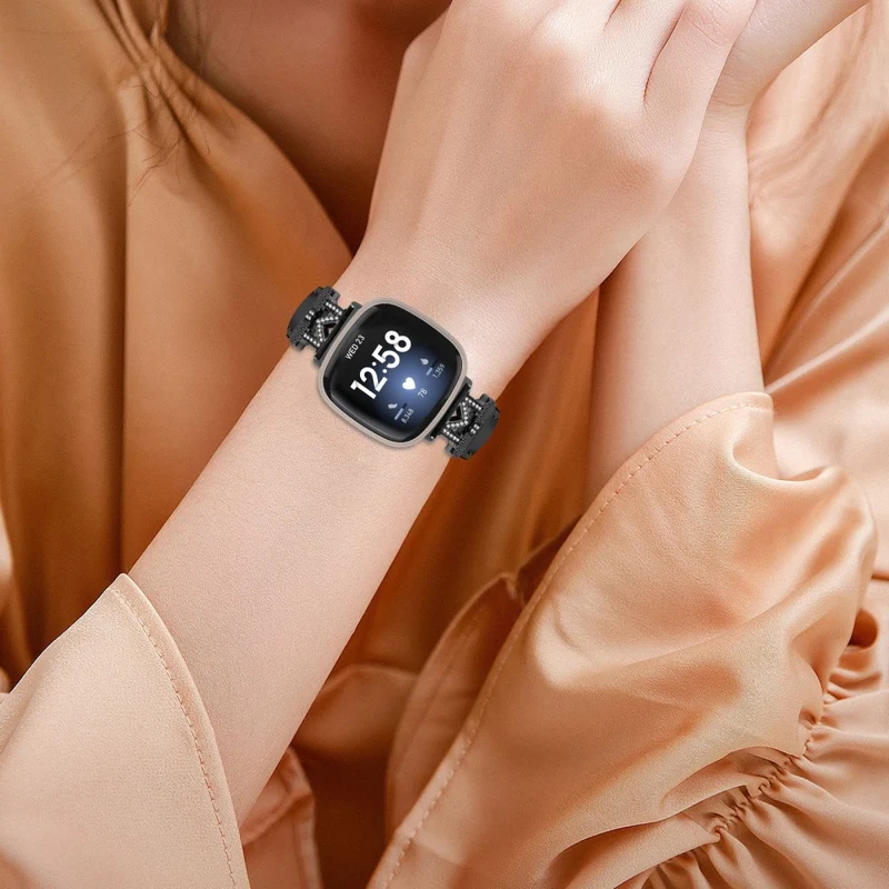 Watch Strap Fitbit Versa 3 / Versa 4 / Sense / Sense 2 M Shape Rhinestone Decor Genuine Cowhide Leather Band with Black Buckle - Apricot