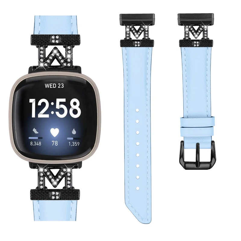 Watch Strap Fitbit Versa 3 / Versa 4 / Sense / Sense 2 M Shape Rhinestone Decor Genuine Cowhide Leather Band with Black Buckle - Apricot