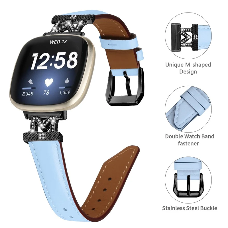Watch Strap Fitbit Versa 3 / Versa 4 / Sense / Sense 2 M Shape Rhinestone Decor Genuine Cowhide Leather Band with Black Buckle - Apricot