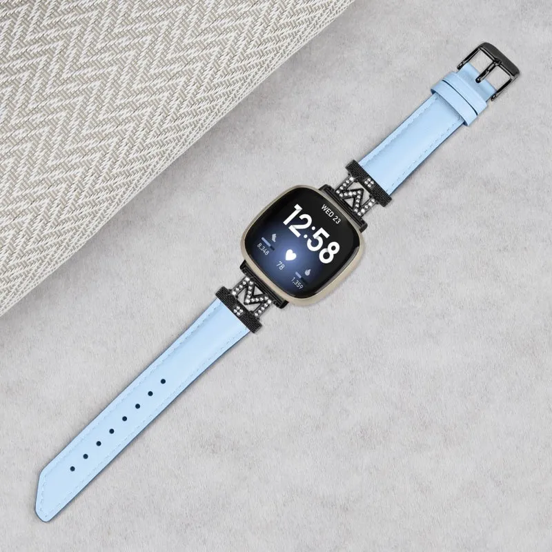 Watch Strap Fitbit Versa 3 / Versa 4 / Sense / Sense 2 M Shape Rhinestone Decor Genuine Cowhide Leather Band with Black Buckle - Apricot