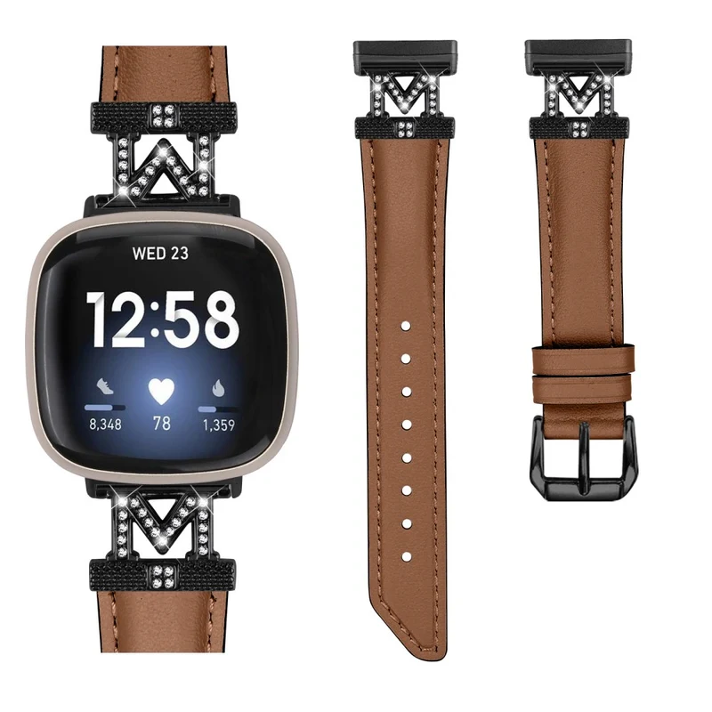Watch Strap Fitbit Versa 3 / Versa 4 / Sense / Sense 2 M Shape Rhinestone Decor Genuine Cowhide Leather Band with Black Buckle - Apricot