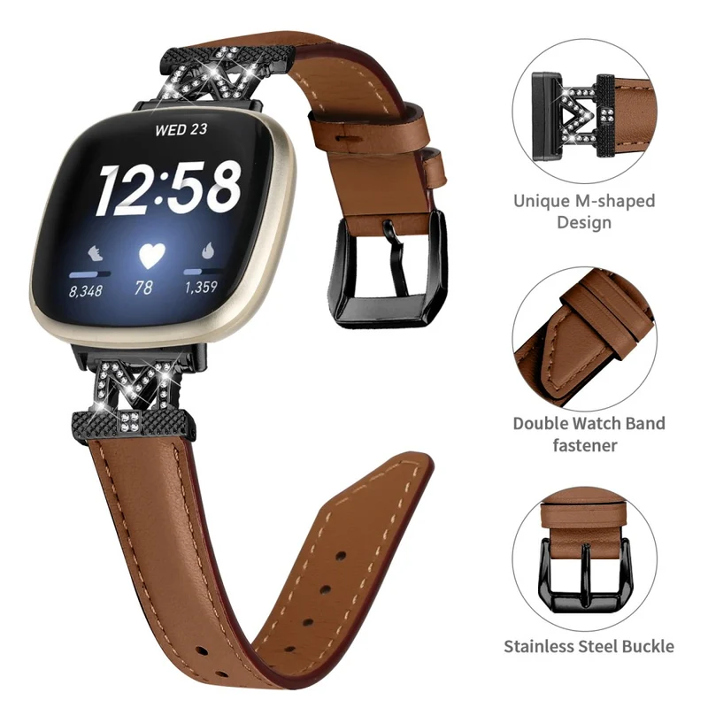 Watch Strap Fitbit Versa 3 / Versa 4 / Sense / Sense 2 M Shape Rhinestone Decor Genuine Cowhide Leather Band with Black Buckle - Apricot