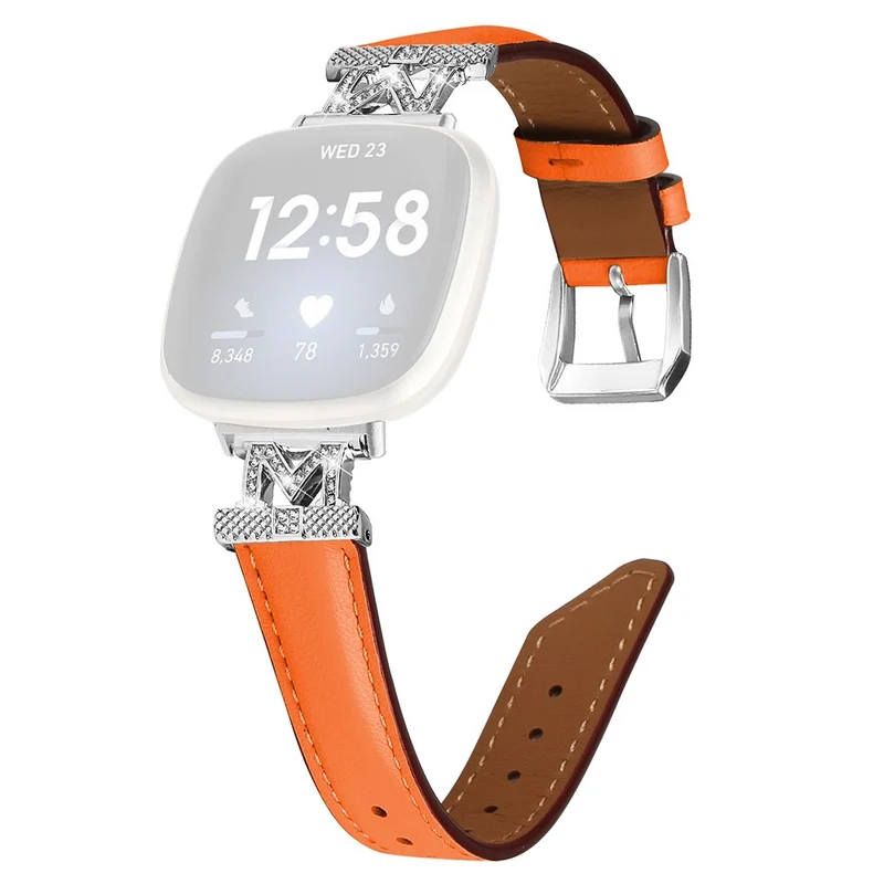 Fitbit Versa 3 / Versa 4 / Sense / Sense 2 M Shape Rhinestone Decor Genuine Cowhide Leather Watch Strap with Silver Buckle - Apricot