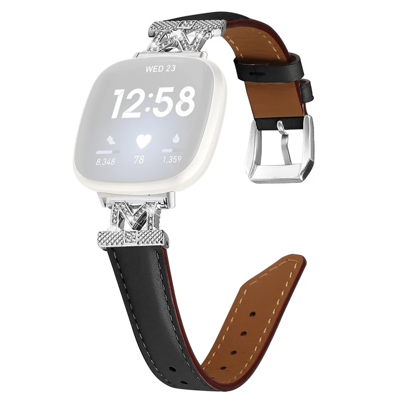 Fitbit Versa 3 / Versa 4 / Sense / Sense 2 M Shape Rhinestone Decor Genuine Cowhide Leather Watch Strap with Silver Buckle - Apricot