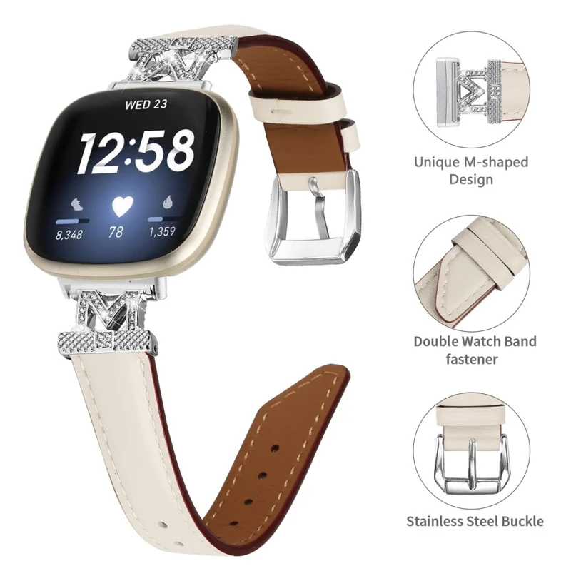 Fitbit Versa 3 / Versa 4 / Sense / Sense 2 M Shape Rhinestone Decor Genuine Cowhide Leather Watch Strap with Silver Buckle - Apricot