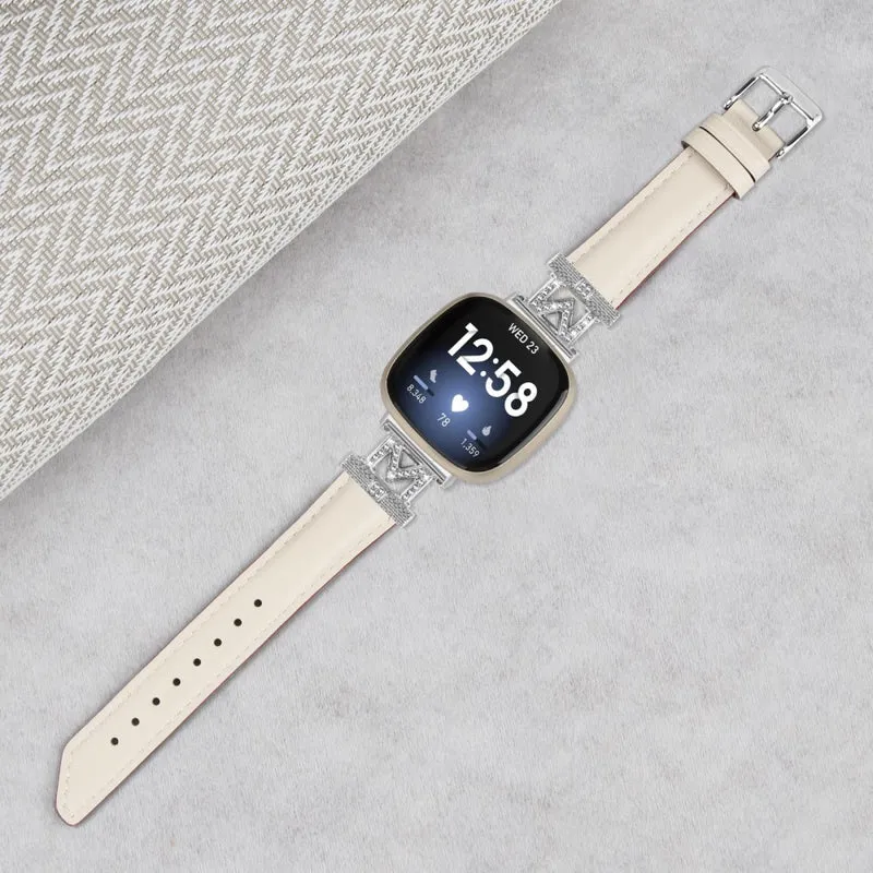 Fitbit Versa 3 / Versa 4 / Sense / Sense 2 M Shape Rhinestone Decor Genuine Cowhide Leather Watch Strap with Silver Buckle - Apricot