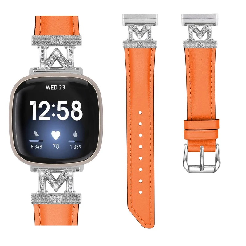 Fitbit Versa 3 / Versa 4 / Sense / Sense 2 M Shape Rhinestone Decor Genuine Cowhide Leather Watch Strap with Silver Buckle - Apricot