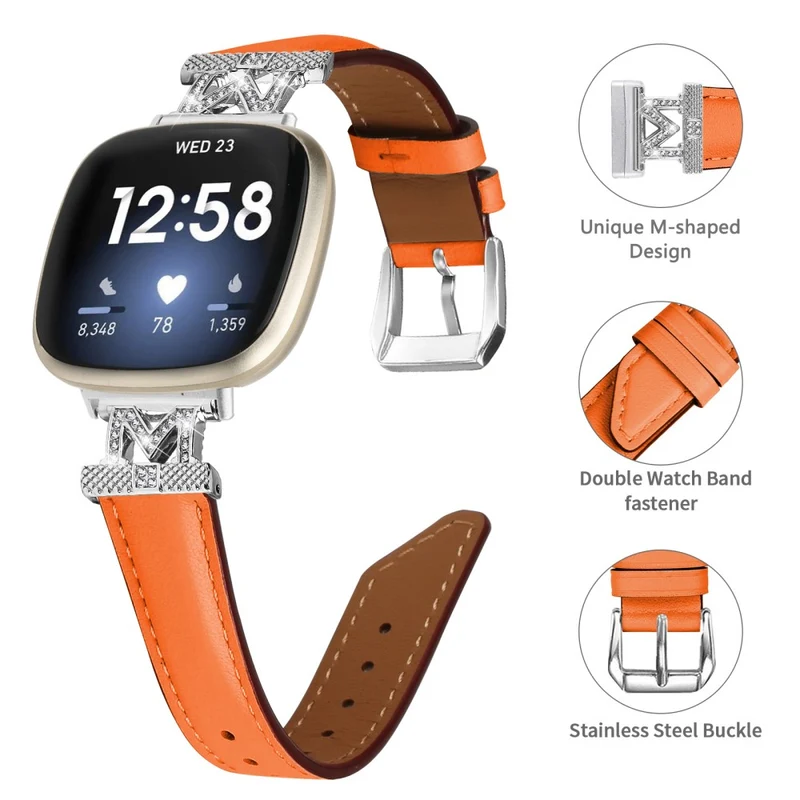 Fitbit Versa 3 / Versa 4 / Sense / Sense 2 M Shape Rhinestone Decor Genuine Cowhide Leather Watch Strap with Silver Buckle - Apricot