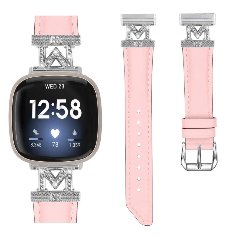 Fitbit Versa 3 / Versa 4 / Sense / Sense 2 M Shape Rhinestone Decor Genuine Cowhide Leather Watch Strap with Silver Buckle - Apricot