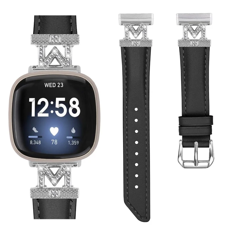 Fitbit Versa 3 / Versa 4 / Sense / Sense 2 M Shape Rhinestone Decor Genuine Cowhide Leather Watch Strap with Silver Buckle - Apricot