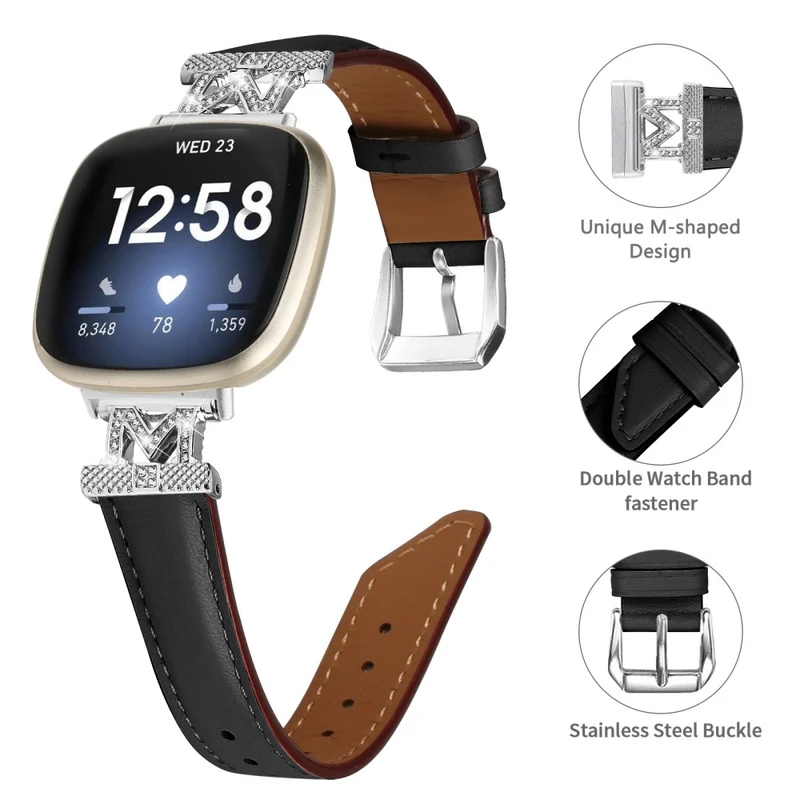 Fitbit Versa 3 / Versa 4 / Sense / Sense 2 M Shape Rhinestone Decor Genuine Cowhide Leather Watch Strap with Silver Buckle - Apricot