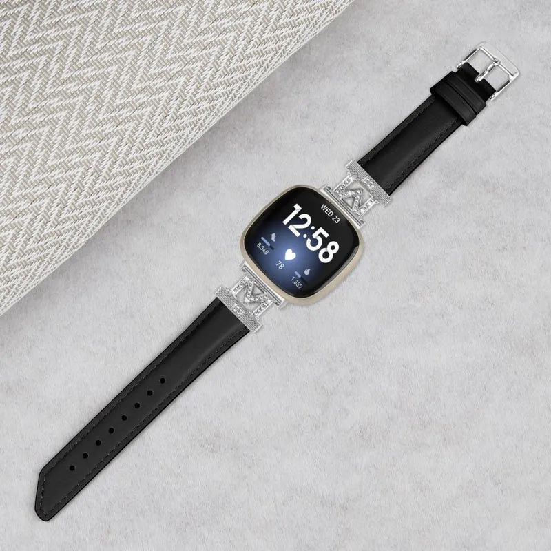 Fitbit Versa 3 / Versa 4 / Sense / Sense 2 M Shape Rhinestone Decor Genuine Cowhide Leather Watch Strap with Silver Buckle - Apricot