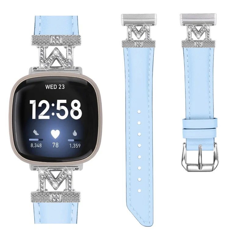 Fitbit Versa 3 / Versa 4 / Sense / Sense 2 M Shape Rhinestone Decor Genuine Cowhide Leather Watch Strap with Silver Buckle - Apricot