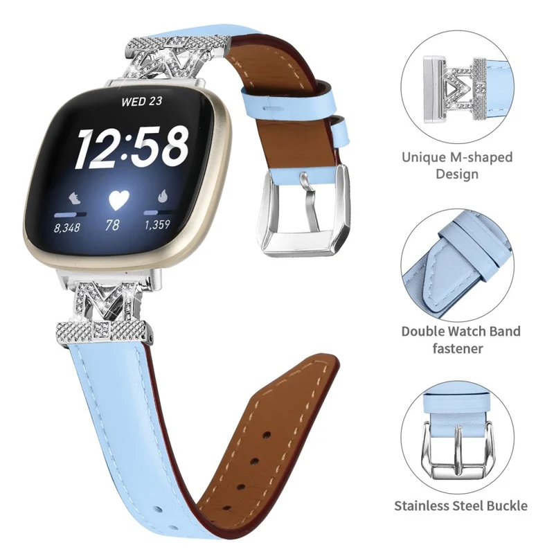 Fitbit Versa 3 / Versa 4 / Sense / Sense 2 M Shape Rhinestone Decor Genuine Cowhide Leather Watch Strap with Silver Buckle - Apricot