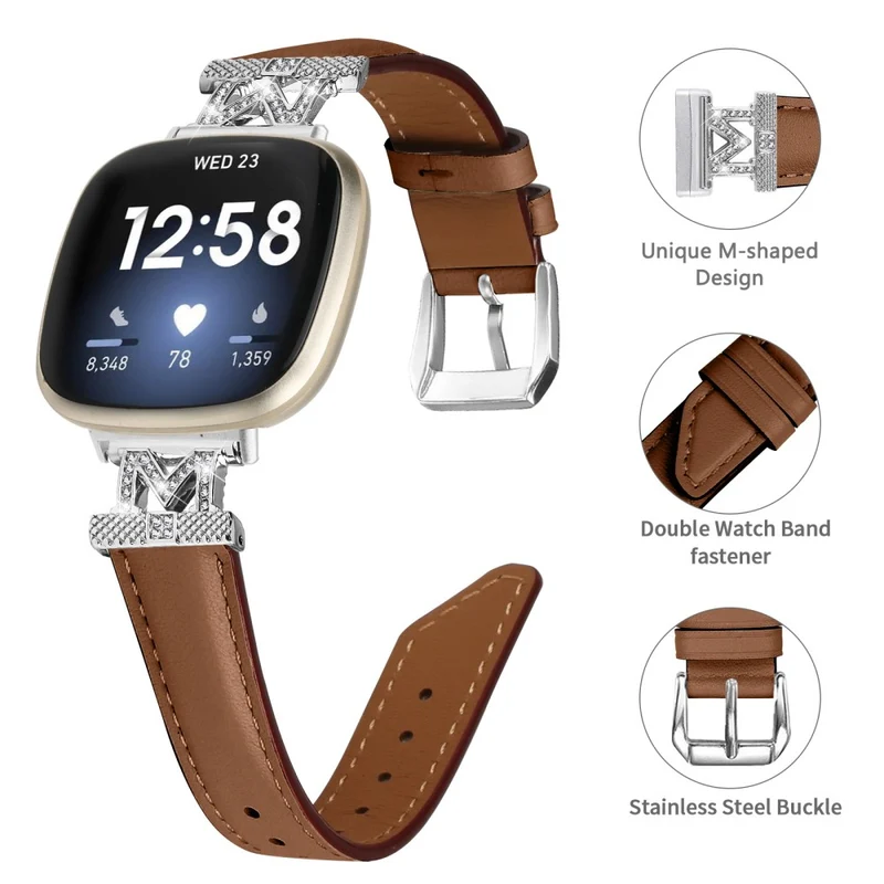 Fitbit Versa 3 / Versa 4 / Sense / Sense 2 M Shape Rhinestone Decor Genuine Cowhide Leather Watch Strap with Silver Buckle - Apricot