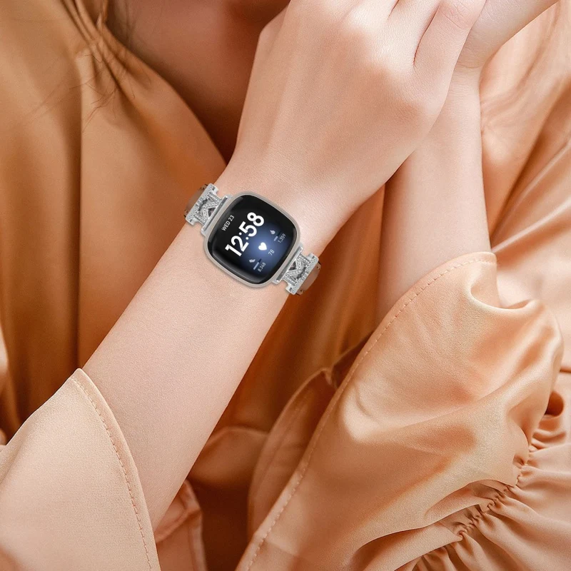 Fitbit Versa 3 / Versa 4 / Sense / Sense 2 M Shape Rhinestone Decor Genuine Cowhide Leather Watch Strap with Silver Buckle - Apricot