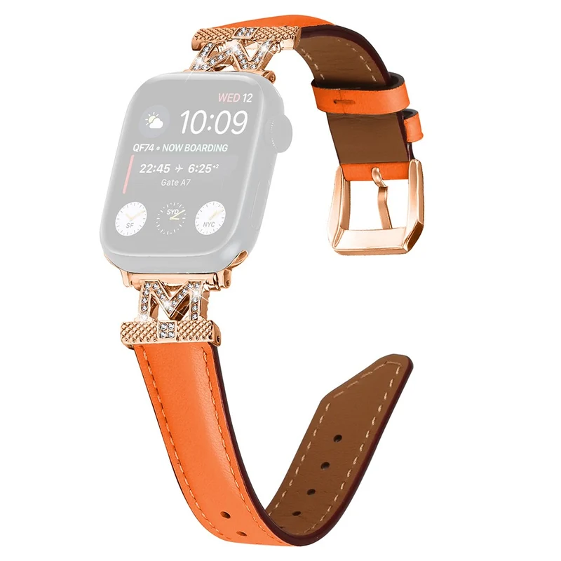 Watch Band Apple Watch Universal 49mm/45mm/42mm Rhinestone M-shape Connector Strap with Rose Gold Buckle