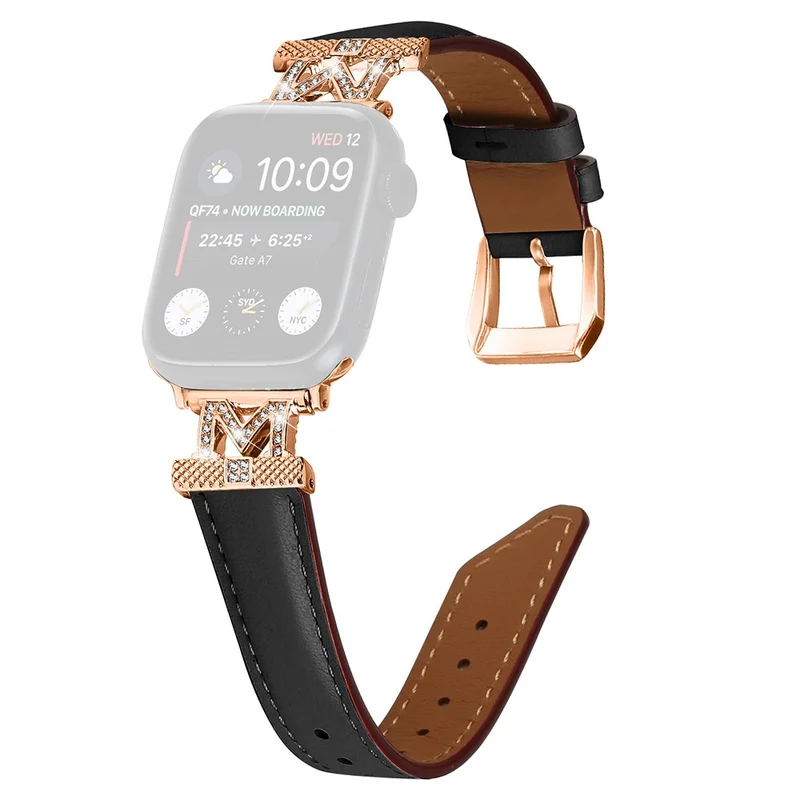 Watch Band Apple Watch Universal 49mm/45mm/42mm Rhinestone M-shape Connector Strap with Rose Gold Buckle