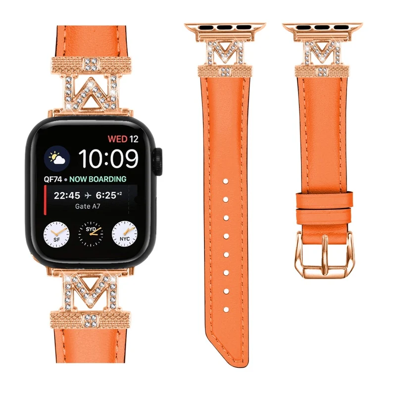 Watch Band Apple Watch Universal 49mm/45mm/42mm Rhinestone M-shape Connector Strap with Rose Gold Buckle