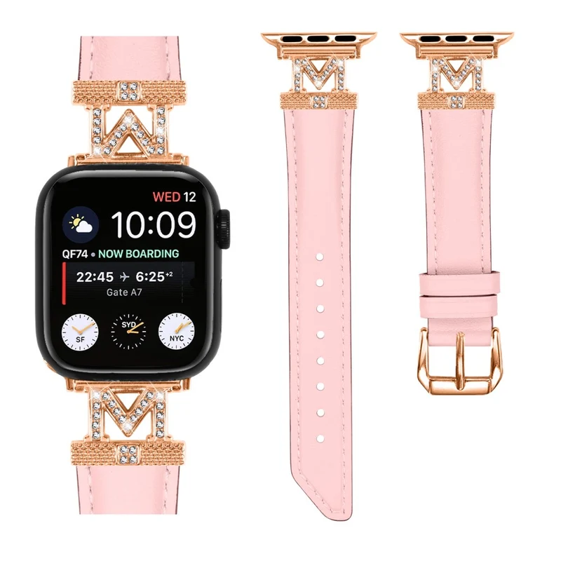 Watch Band Apple Watch Universal 49mm/45mm/42mm Rhinestone M-shape Connector Strap with Rose Gold Buckle