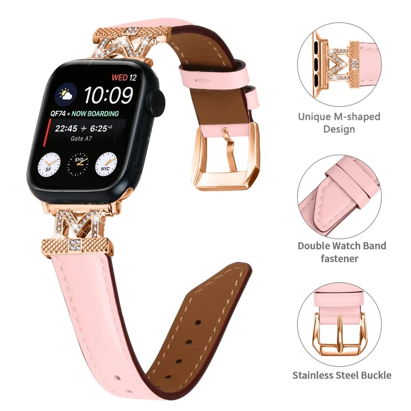 Watch Band Apple Watch Universal 49mm/45mm/42mm Rhinestone M-shape Connector Strap with Rose Gold Buckle