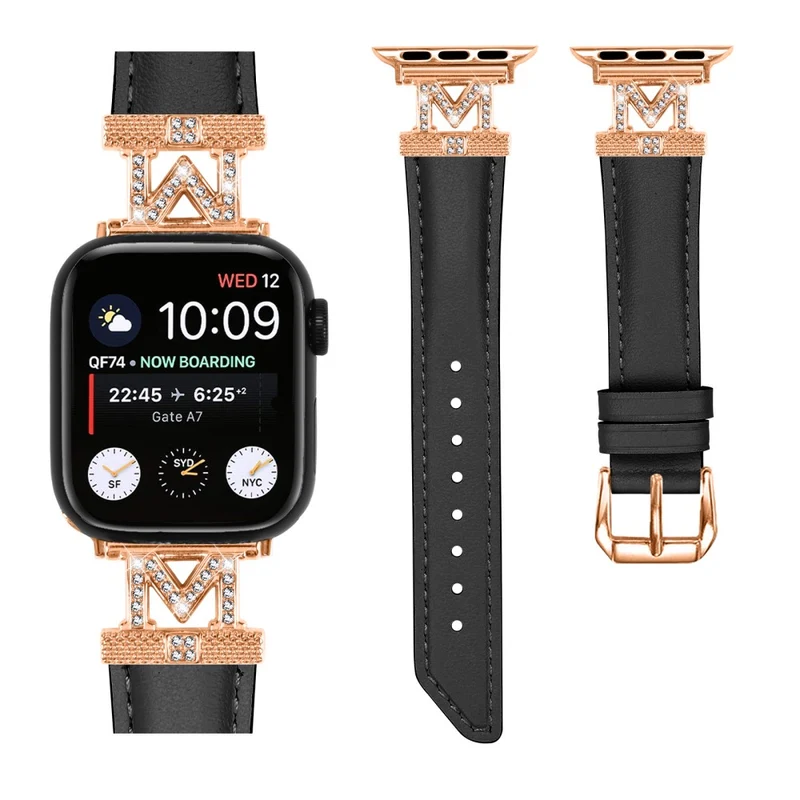 Watch Band Apple Watch Universal 49mm/45mm/42mm Rhinestone M-shape Connector Strap with Rose Gold Buckle