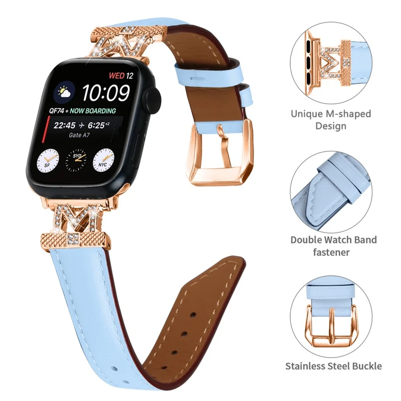 Watch Band Apple Watch Universal 49mm/45mm/42mm Rhinestone M-shape Connector Strap with Rose Gold Buckle