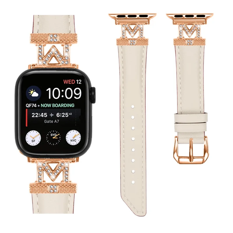 Watch Band Apple Watch Universal 49mm/45mm/42mm Rhinestone M-shape Connector Strap with Rose Gold Buckle