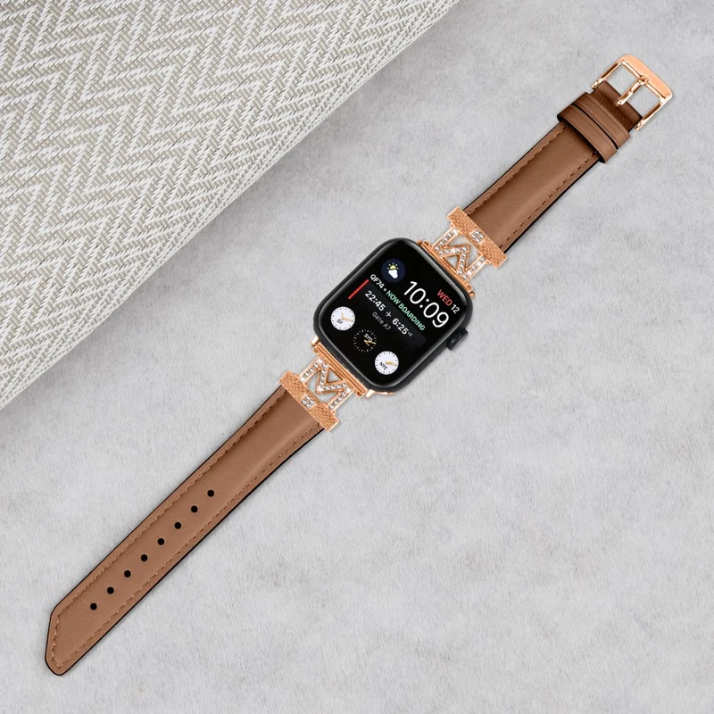 Watch Band Apple Watch Universal 49mm/45mm/42mm Rhinestone M-shape Connector Strap with Rose Gold Buckle