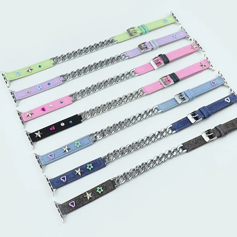 Apple Watch Series 9 45mm / Ultra 2 Genuine leather with metal chain strap - Light Purple