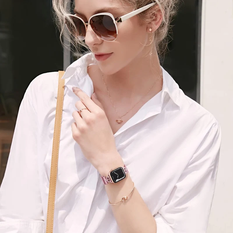 Apple Watch Series 9 45mm / Ultra 2 rhinestone S-shape milanese stainless steel strap - Rose Pink