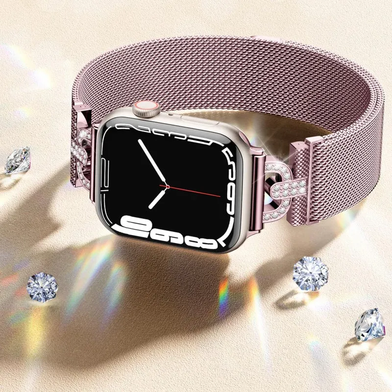 Apple Watch Series 9 45mm / Ultra 2 rhinestone S-shape milanese stainless steel strap - Rose Pink