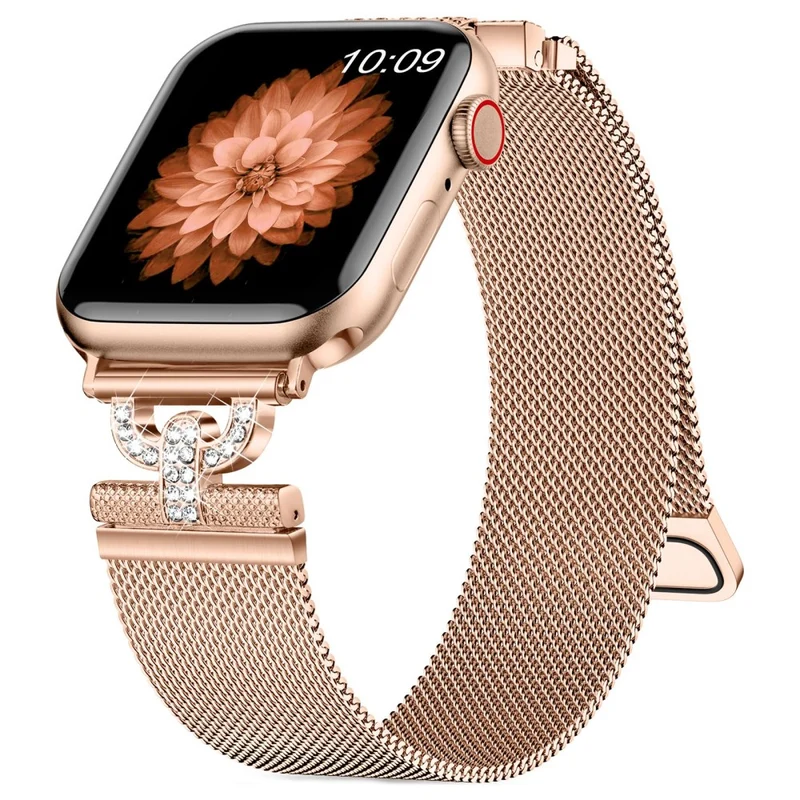 Apple Watch Series 9 45mm / Ultra 2 rhinestone S-shape milanese stainless steel strap - Rose Pink