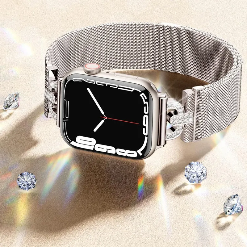 Apple Watch Series 9 45mm / Ultra 2 rhinestone S-shape milanese stainless steel strap - Rose Pink