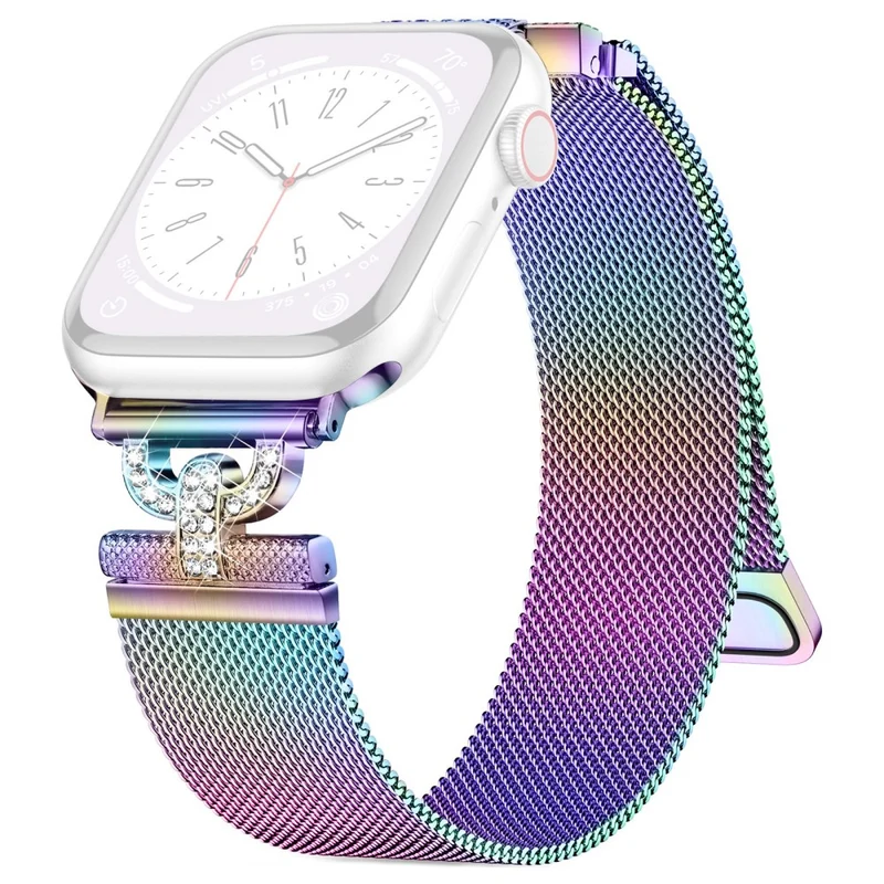 Apple Watch Series 9 41mm rhinestone S-shape milanese stainless steel strap - Rose Pink
