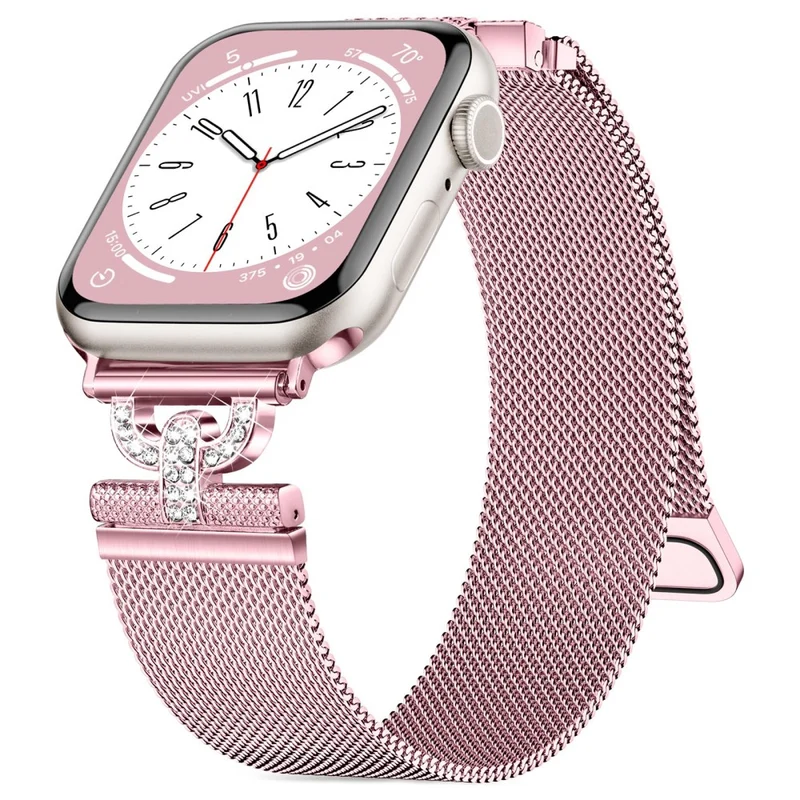 Apple Watch Series 9 41mm rhinestone S-shape milanese stainless steel strap - Rose Pink