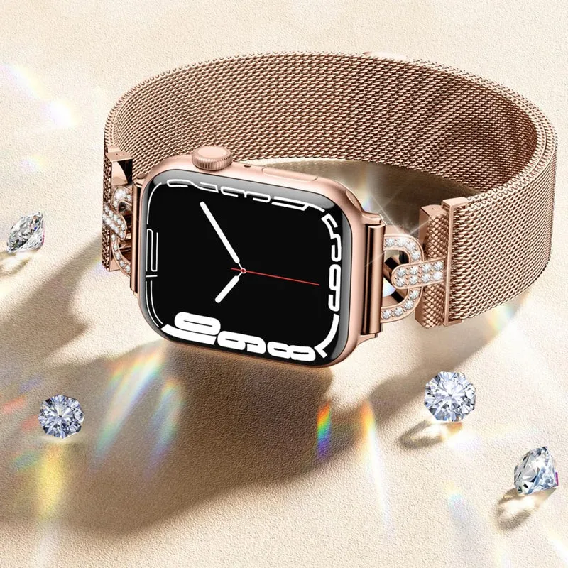 Apple Watch Series 9 41mm rhinestone S-shape milanese stainless steel strap - Rose Pink