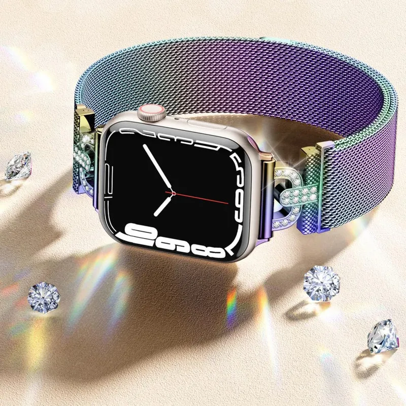 Apple Watch Series 9 41mm rhinestone S-shape milanese stainless steel strap - Rose Pink