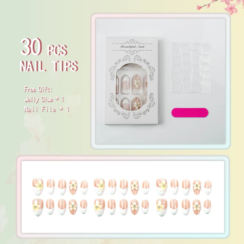 Elegante blumenverzierte Press-On-Nagelset 1790738710