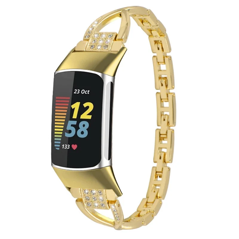 Fitbit Charge 5 rhinestone décor cross design metal strap - Rose Gold