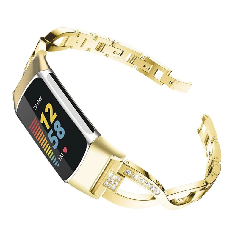 Fitbit Charge 5 rhinestone décor cross design metal strap - Rose Gold