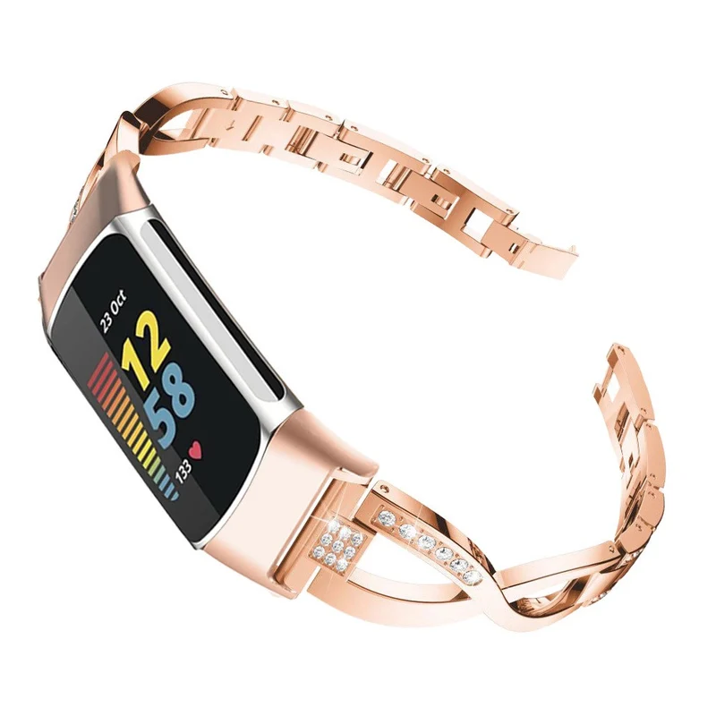 Cross design rhinestone décor metal strap for Fitbit Charge 2 - Rose Gold