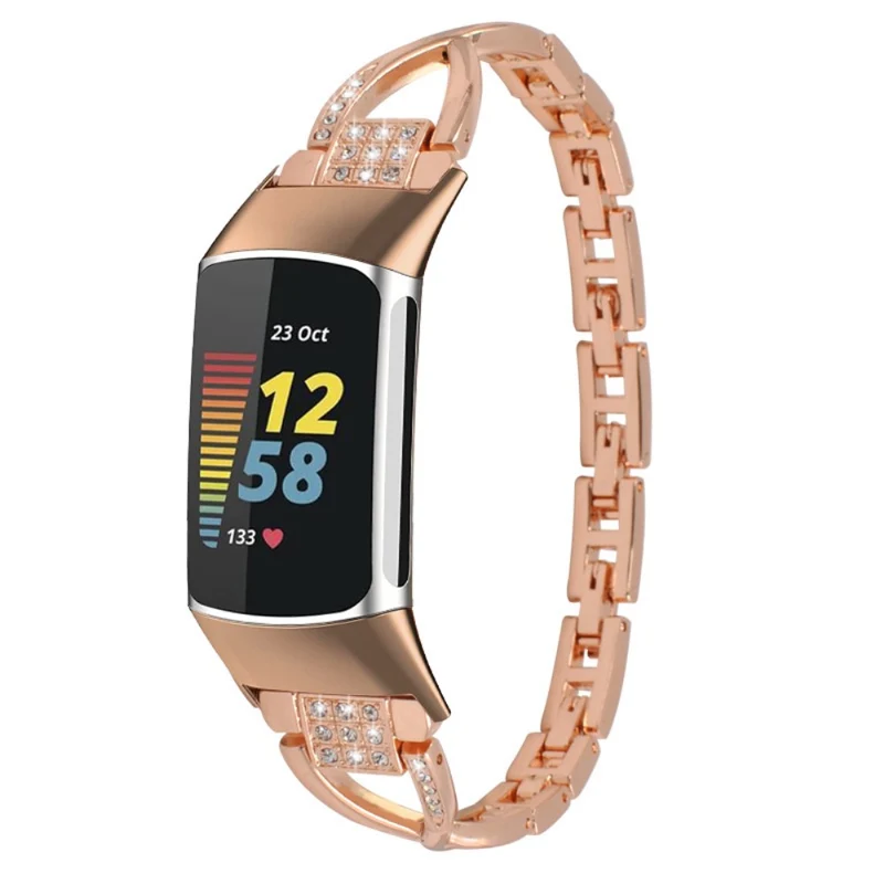 Fitbit Charge 4 / 3 rhinestone décor cross style metal strap - Rose Gold