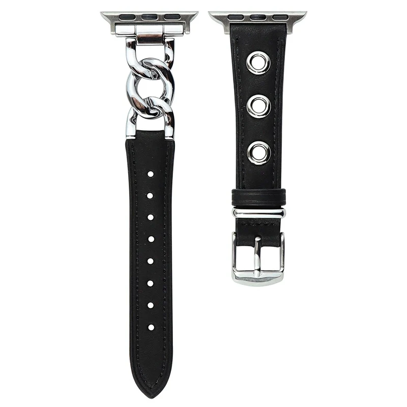 Genuine Cow Leather Chain Hole Watch Strap for Apple Watch Series (42mm/44mm) - Black+Silver Buckle