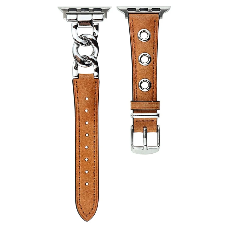 Genuine Cow Leather Chain Hole Watch Strap for Apple Watch Series (42mm/44mm) - Black+Silver Buckle