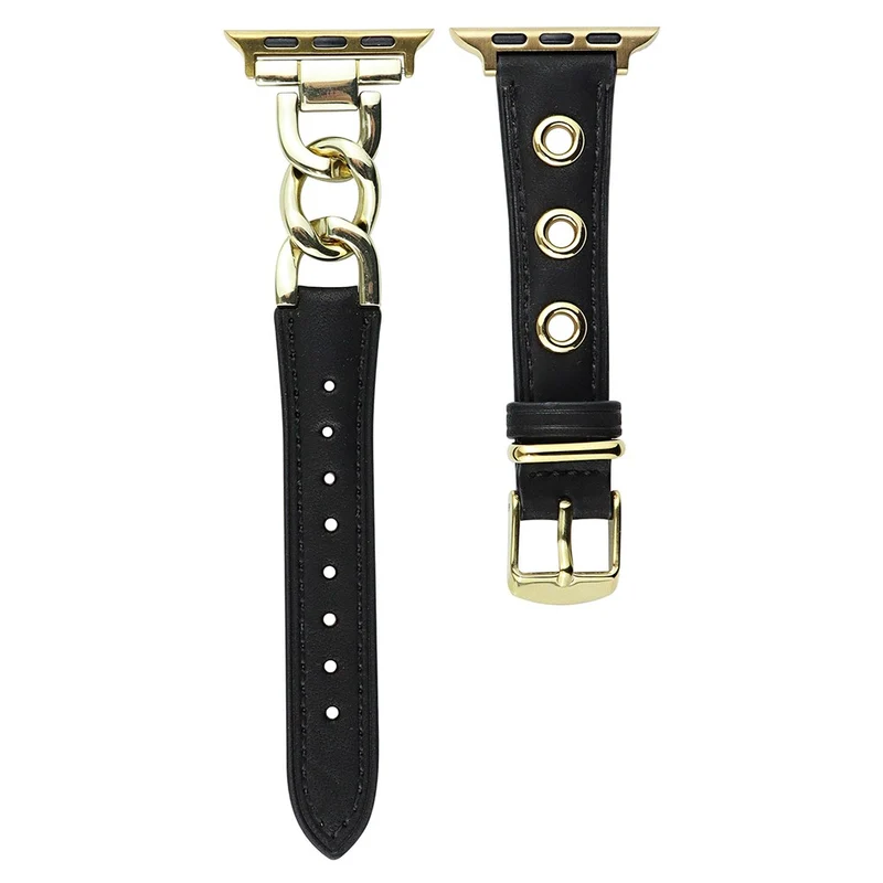 Genuine Cow Leather Chain Hole Watch Strap for Apple Watch Series (42mm/44mm) - Black+Silver Buckle